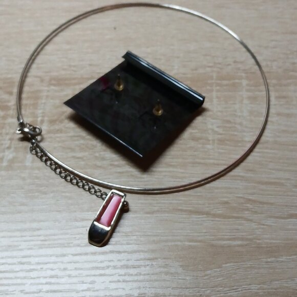 Silver Tone Pink Pendant Necklace & Stud Earrings Vintage Costume Jewelry #98 - Picture 2 of 7